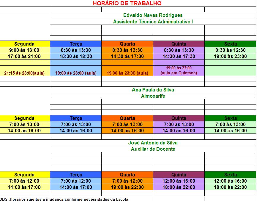 Horário de Trabalho Funcionários da Etec