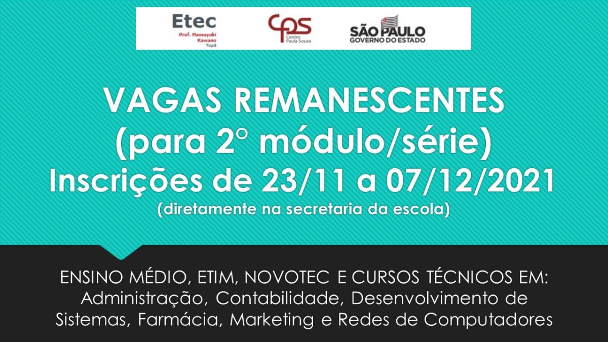 Vagas Remanescentes - 1º/2023 - Etec de Taboão da Serra