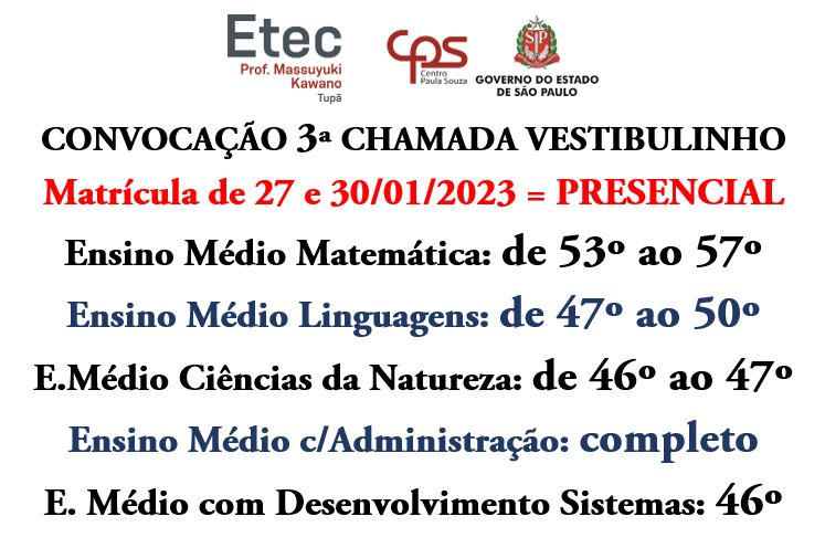 ENSINO M�DIO - CONFIRA A LISTA DE CONVOCA��O PARA 3� CHAMADA E DOCUMENTOS NECESS�RIOS