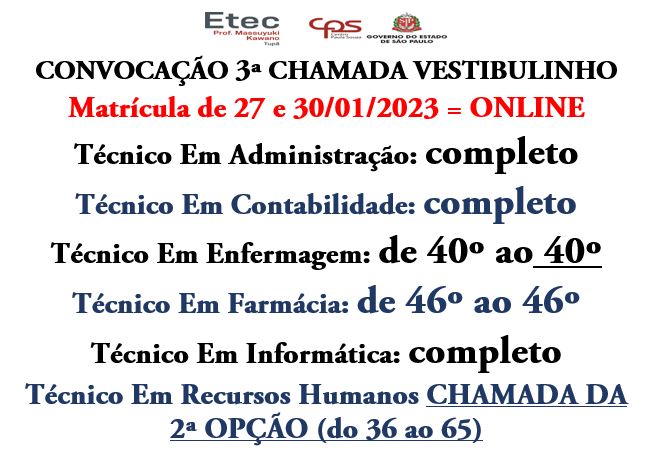 ENSINO T�CNICO - CONFIRA A LISTA DE CONVOCA��O PARA 3� CHAMADA E DOCUMENTOS NECESS�RIOS