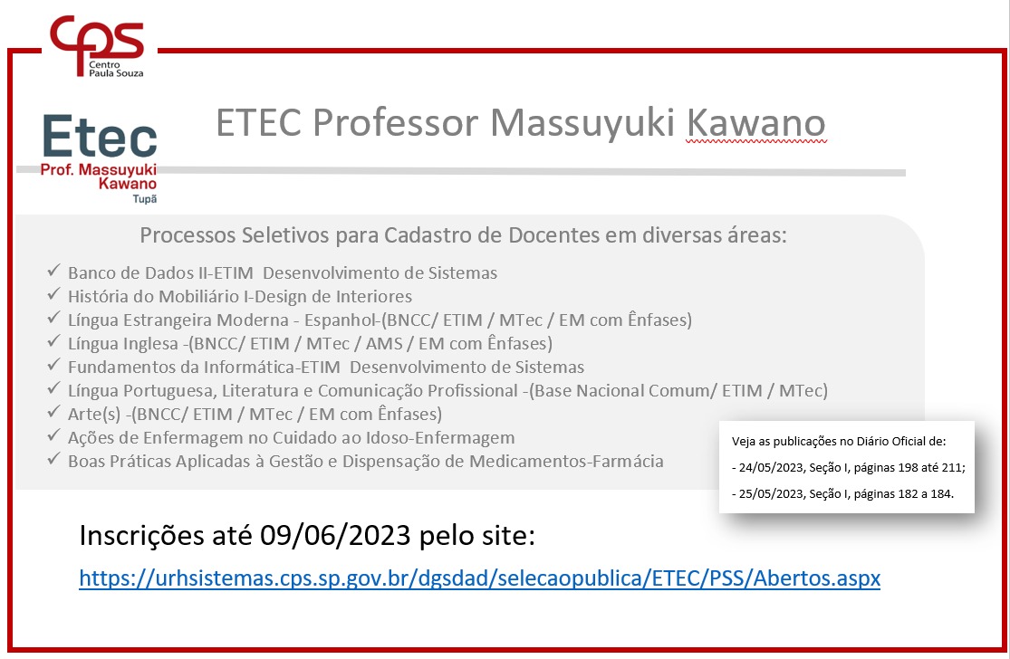 Vagas Remanescentes - 2022  ETEC Tupã Prof. Massuyuki Kawano