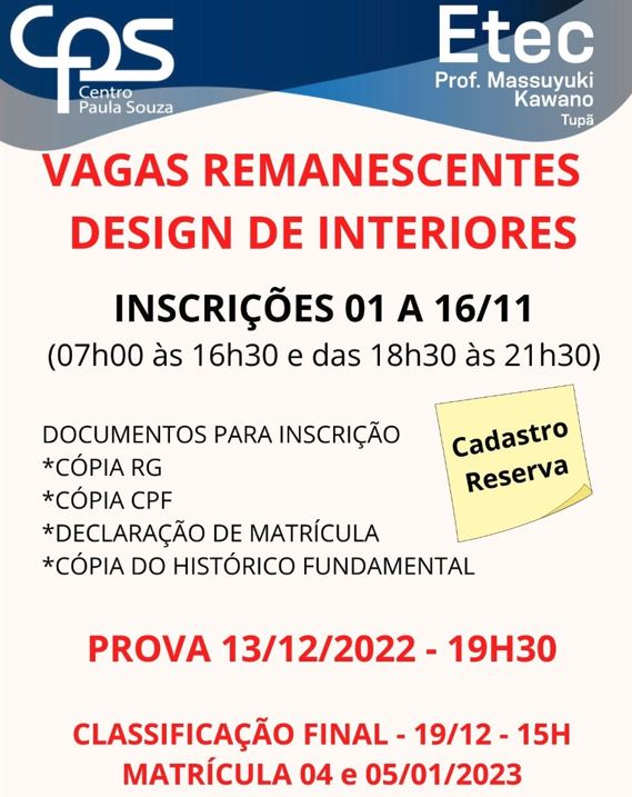 Edital de vagas remanescentes para T�cnico em Design de Interiores