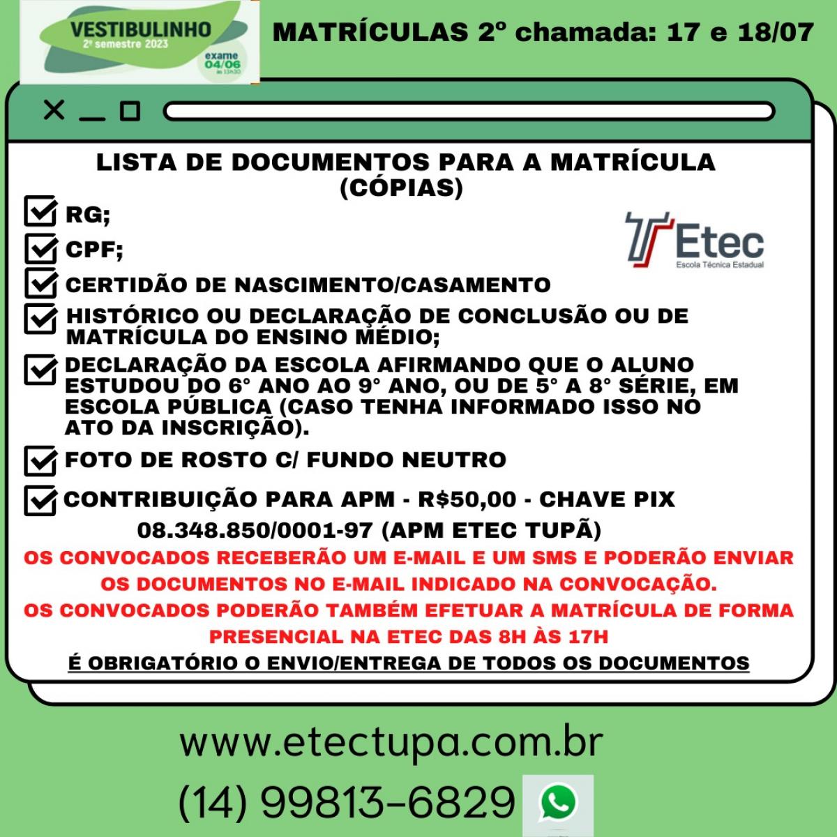 3ª LISTA DE CONVOCAÇÃO E MATRÍCULA – VESTIBULINHO 2º SEM./2023