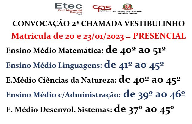 3ª LISTA DE CONVOCAÇÃO E MATRÍCULA – VESTIBULINHO 2º SEM./2023