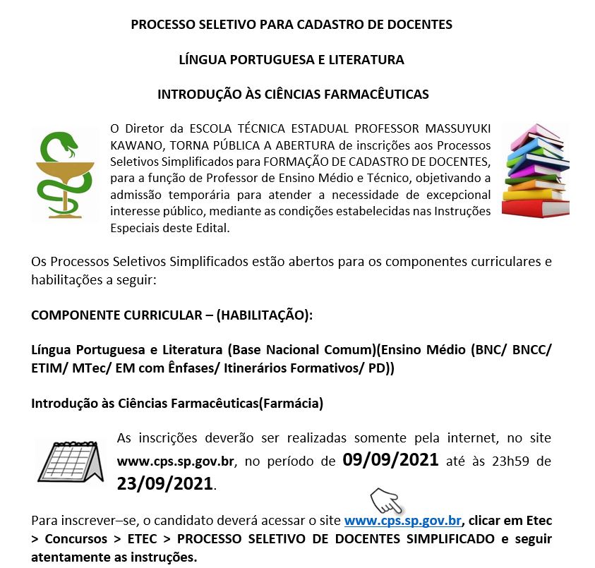PROCESSO SELETIVO 2021 PARA CADASTRO DE DOCENTES!!