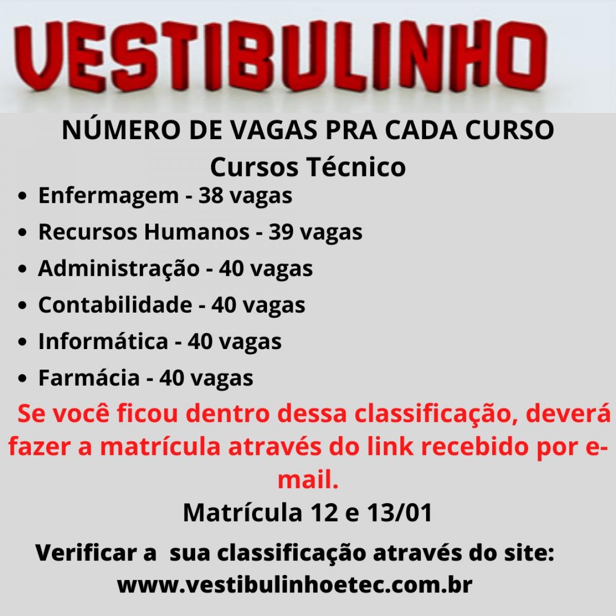 RESULTADO VESTIBULINHO E 1� CHAMADA PARA MATRICULAS NOS CURSOS T�CNICO