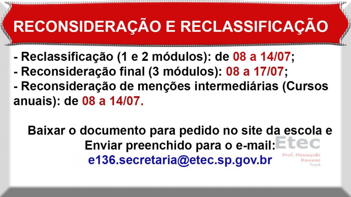PEDIDOS DE RECLASSIFICA��O, RECONSIDERA��O INTERMEDI�RIO E FINAL