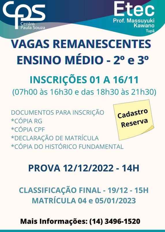 Editais de vagas remanescentes para o Ensino M�dio