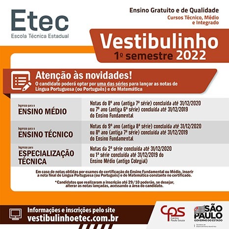 Etec: inscrições do Vestibulinho para cursos técnicos gratuitos