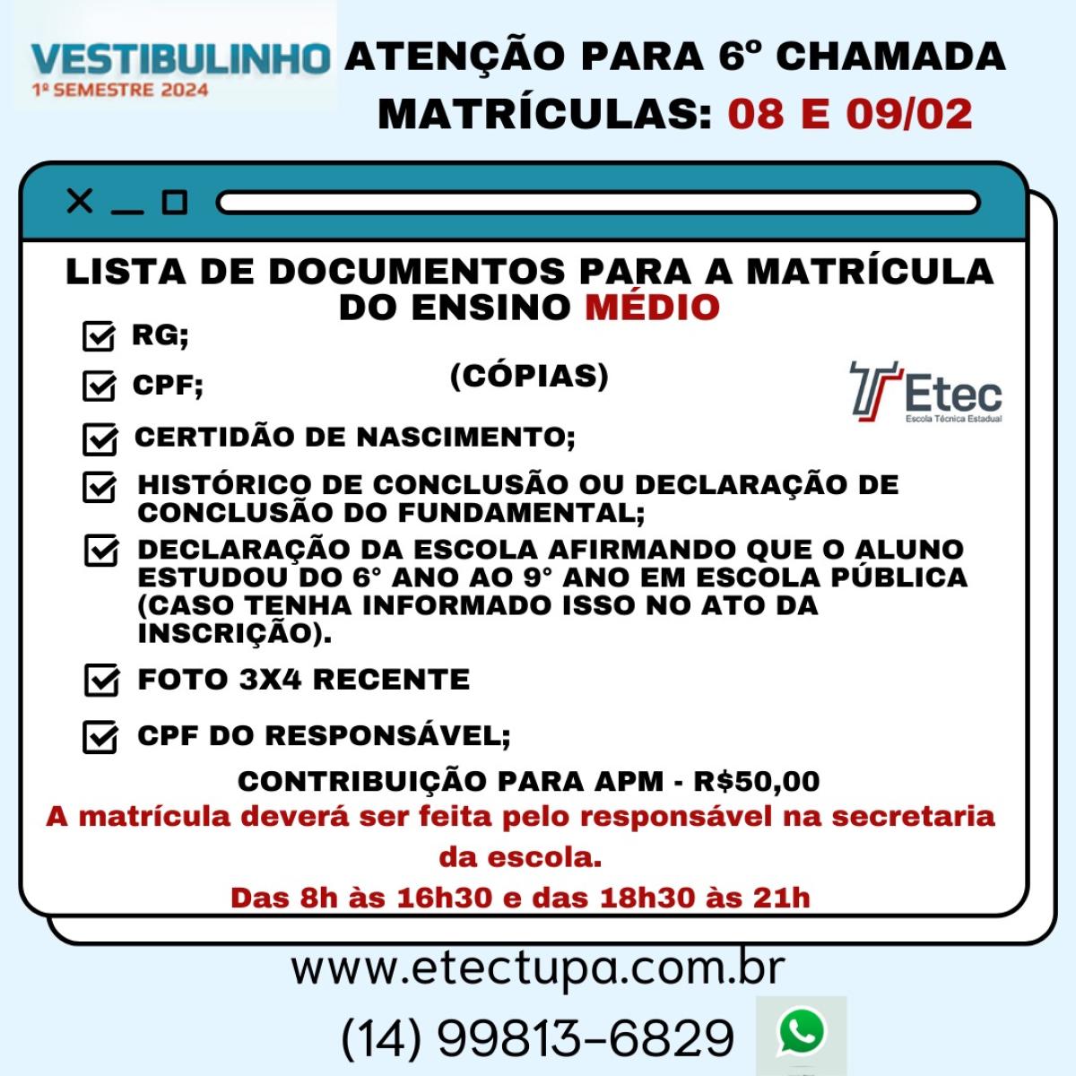 CONVOCAO 6 CHAMADA VESTIBULINHO 1/2024 - ENSINO MDIO